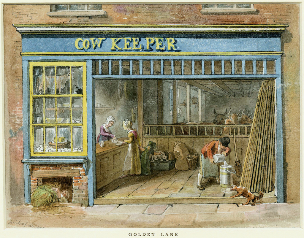 A Cowkeeper's shop in Golden Lane; a dairy shop, with name over the door, selling eggs, butter and cream, cows visible in stables beyond, man filling a churn of milk near the foreground. 1825 Watercolour