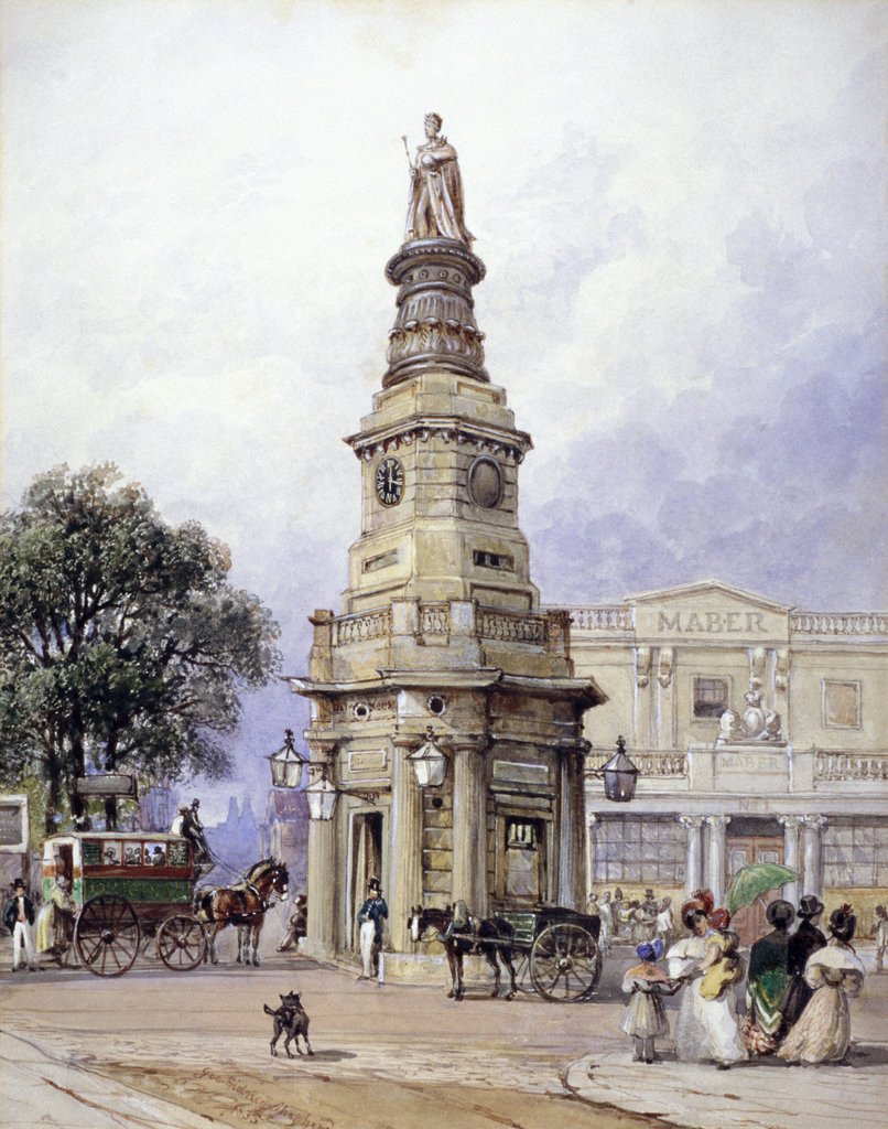 View of the octagonal monument to King George IV at Battle Bridge, London, 1835. The monument was erected in 1836 and the area of Battle Bridge was subsequently renamed King's Cross.