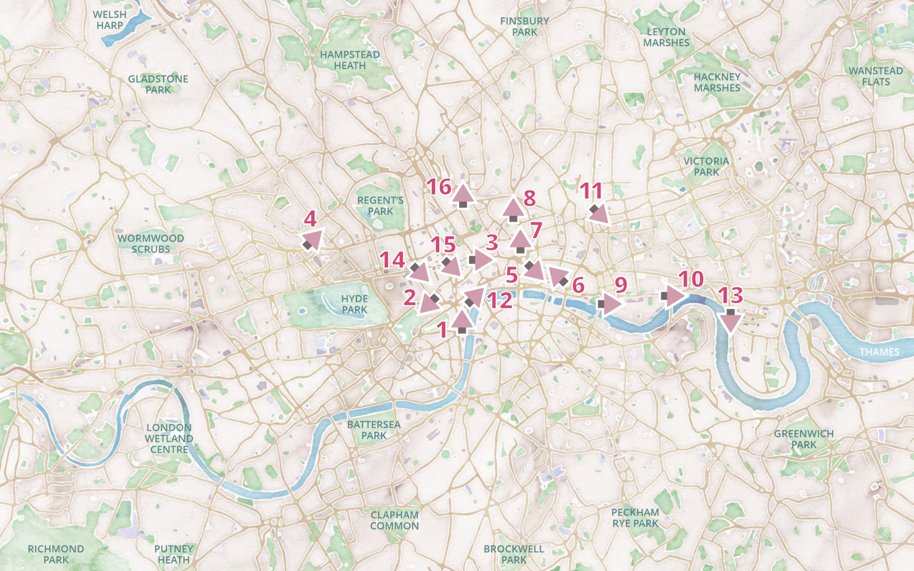 London map showing the starting points of the 16 walks created to date, with key numbers